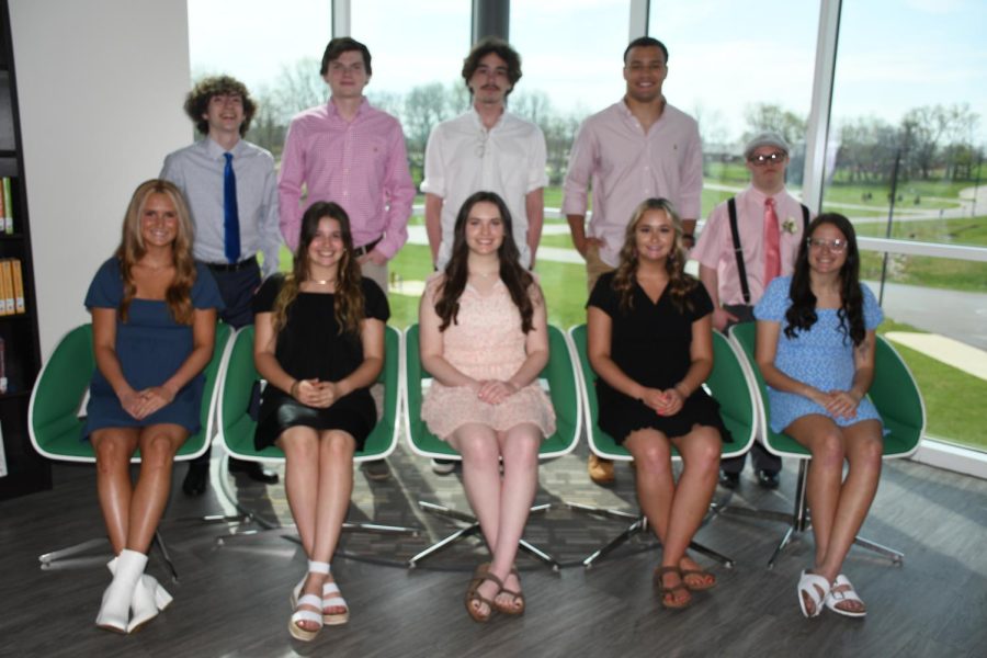 The student body selected these students for the senior prom court.  Front row: Ryann Thomas, Bianca Ward, Maddie Allen, Taylor Peters and Shelby Smith.  Back row: Cash Turner, Tye Schureman, Colin Ramey, Kalib Perry and Spencer Hanson. 